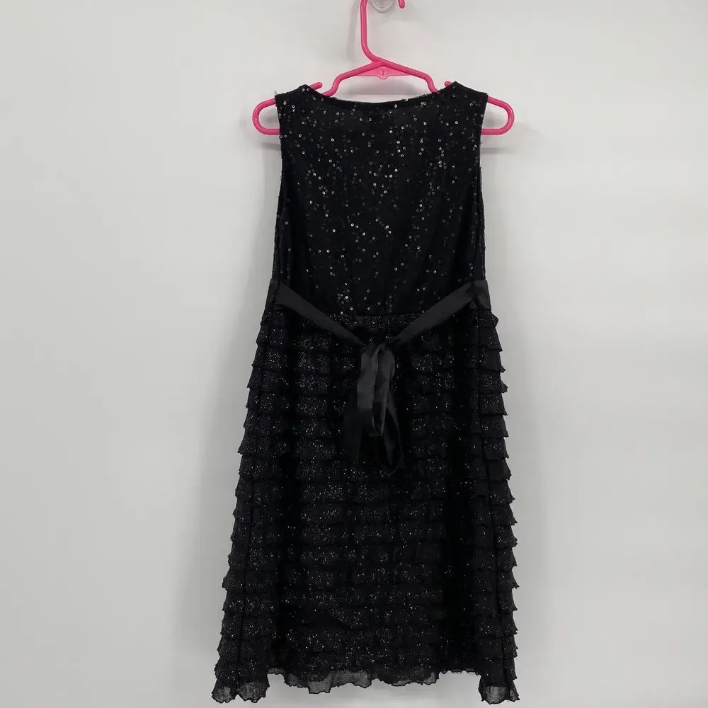 Justice Sleeveless Tank Dress Black Sequin Ruffles Fit & Flare Tie Back size 8
